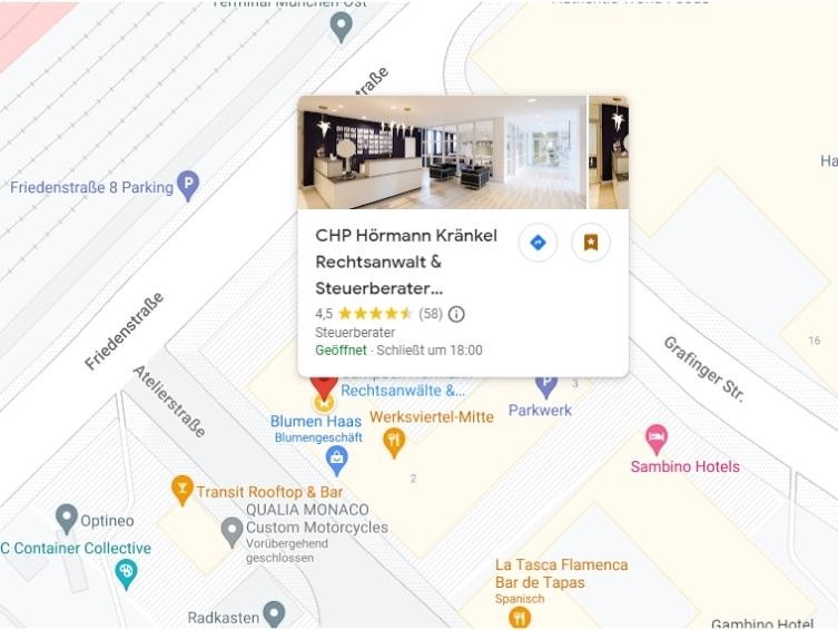 Karte mit dem Standort der Kanzlei CHP im Werksviertel Mitte